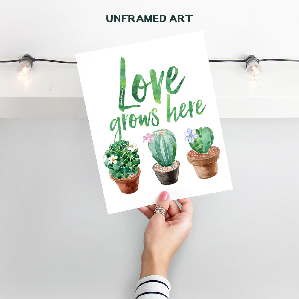 Love Grows Here Sign - Cactus Wall Art - Desert Decor - Cactus Wall Decor - Boho Decor for Bedroom, Living Room, Office, Bathroom - Saguaro Cactus Decor - Sonoran Desert Wall Art - Cactus Blossom