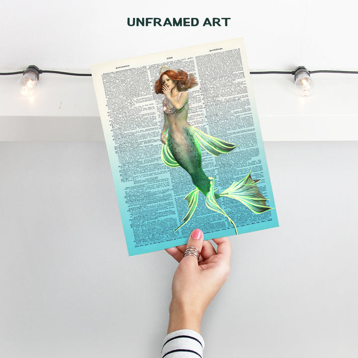 Princess Mermaid Dictionary Art - 8x10 Fantasy Poster for Bedroom, Living Room, Lake, Ocean or Beach House, Bathroom, Bath - Nautical Wall Decor, Home Decoration - Chic, Unique Gift - Unframed Print