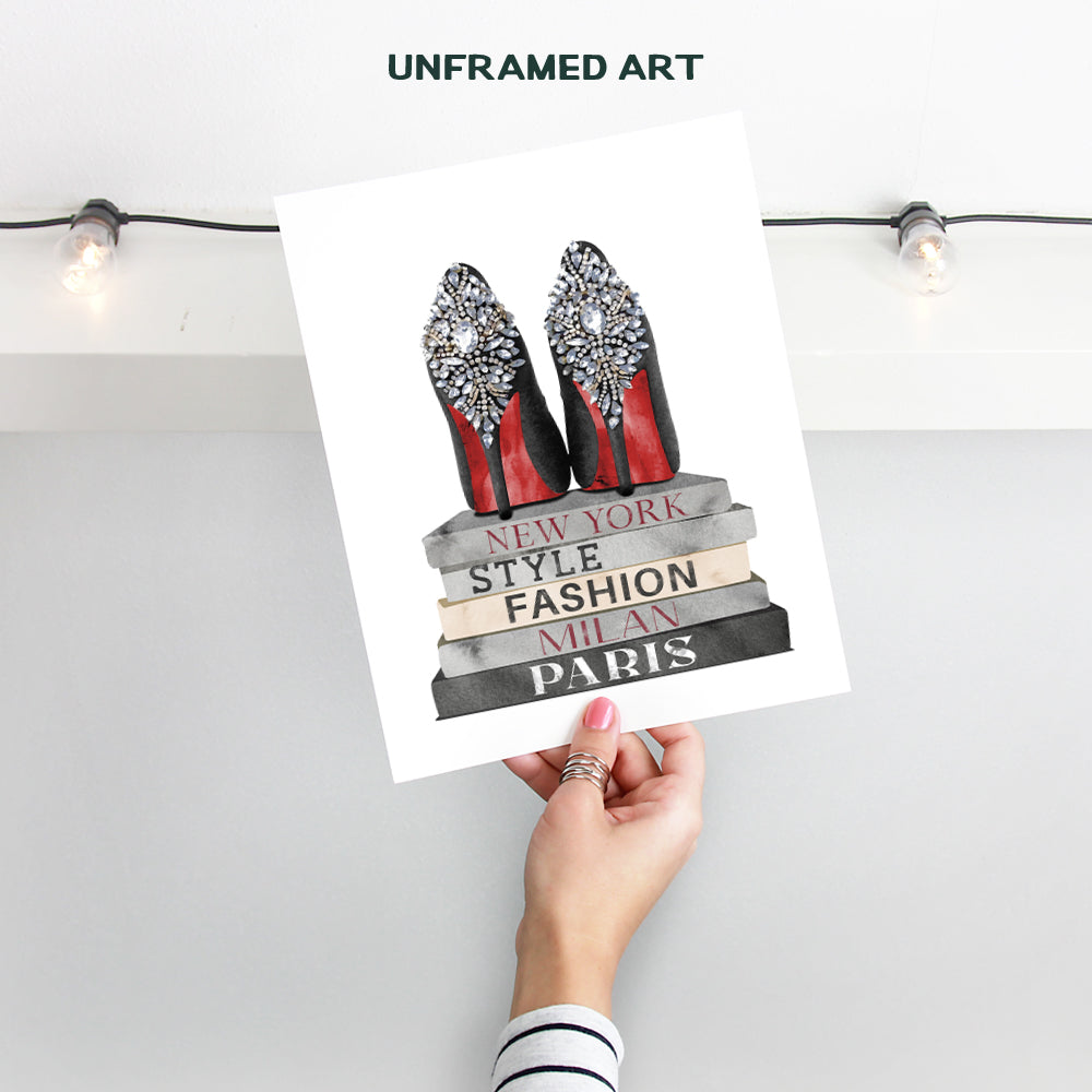 Fashion Design Wall Art - Designer Shoes Poster Print - Glam Home Decor - Glamour Wall Decor - Luxury Gifts for Women - Books - Girls Bedroom, Living room Decor