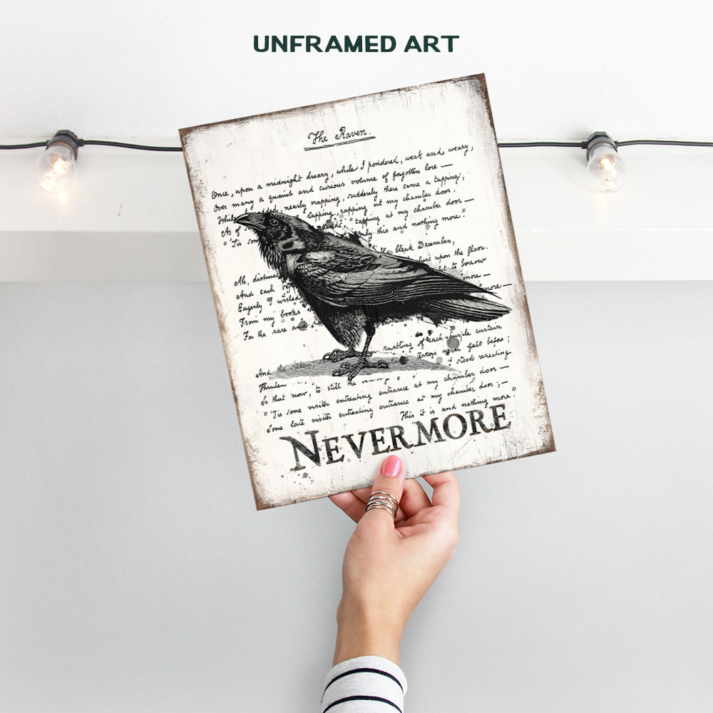 The Raven Wall Art & Decor - Nevermore - Edgar Allan Poe Gift - Goth Room Decor - Gothic Home Decor - Creepy Poem Poetry Wall Art - Vintage Rustic Decoration - Retro Style Poster Print 8x10 UNFRAMED