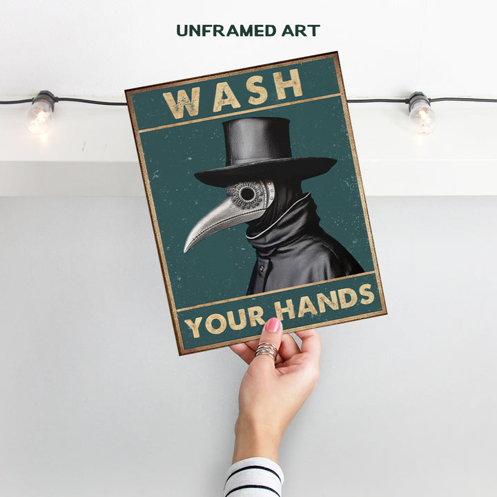 Bathroom Sign Plague Doctor Decor - Wash Your Hands Gothic art funny Sayings, Quotes - Crow Raven Creepy Bathroom Decor Wall Art - Medieval Powder room Restroom Sign - Witchcraft Supplies, Pagan Gifts