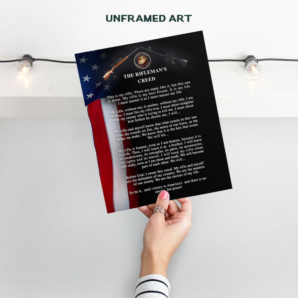 USMC American Flag Wall Art - Riflemans Creed Patriotic Decorations, Wall Art Home Decor - US Marine Corps, Semper Fi, Patriotic Gifts for Men, Military Veterans, Vets, Sniper - AK 47, M16 Photo