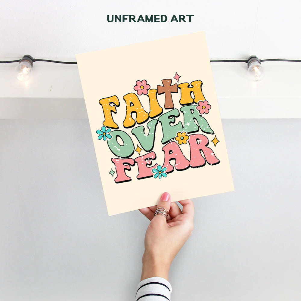 Faith Over Fear Inspirational quote Wall Decor - God Poster - Retro Style Motivational Wall Art - Bible Verse Christian Gifts for Women, Girls Bedroom - spiritual positive Sayings Religious Wall Decor