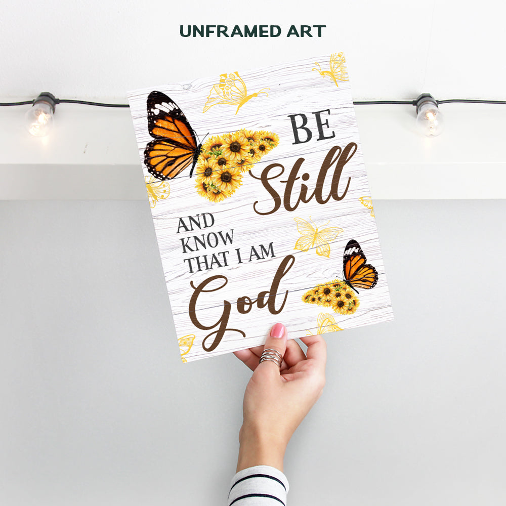 Be Still And Know That I Am God - Psalm 46 - Religious Scripture Bible Verse Wall Decor Sign - Christian Gifts for Women - Inspirational Country Farmhouse Rustic Sunflower - Boho Butterfly Wall Art