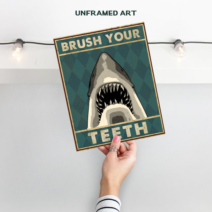 Boys Bathroom Wall Art & Decor - Brush Your Teeth Kids Bathroom Decor - Beach Bathroom Decor - Funny Shark Bathroom Decor - Bath Wall Decor - Unique Restroom Sign - Bathroom Pictures Poster Prints