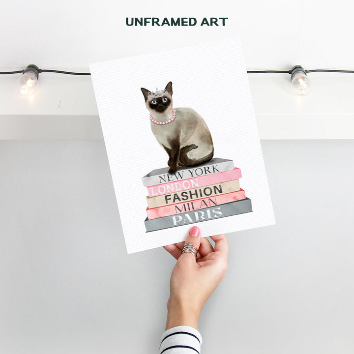 Fashion Design Cat Wall Decor - Poster of Book - Glam Siamese cat Wall Decor for Living room, Bedroom - Glamour Couture Cute Cat Gift for Woman, Girl - Designer Wall decoration