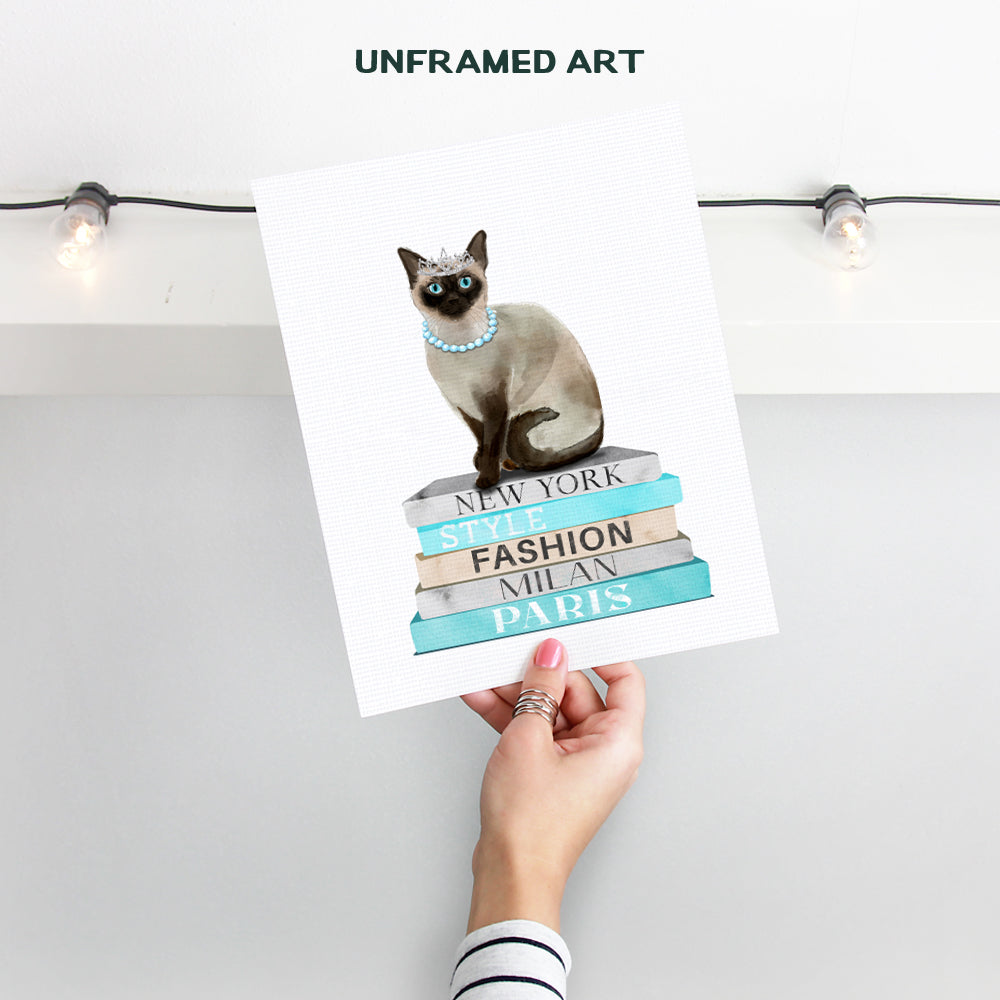 Blue Cat Wall Art & Decor - Poster of Glamour Haute couture Books - Glam Siamese cat Wall Decor for Living room, Bedroom - Cute Fashion Design Cat Gifts for Women, Girls - Designer Wall decoration