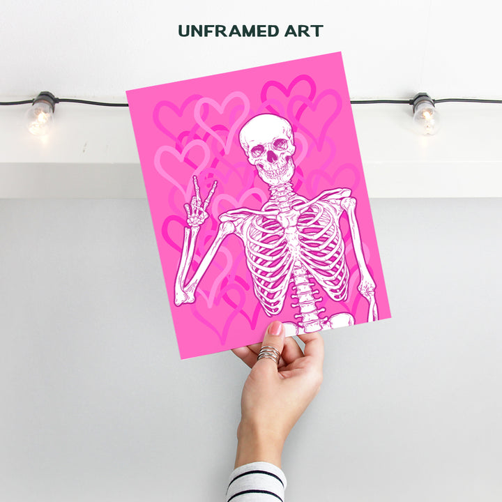 Cute Skeleton Wall Art - Preppy Room Decor Aesthetic - VSCO Pop art Room Decor - Pink Hearts Trendy Room Decor - Yellowbird Art & Design - Dorm Room Girls Bedroom peace sign Decor - Halloween Poster