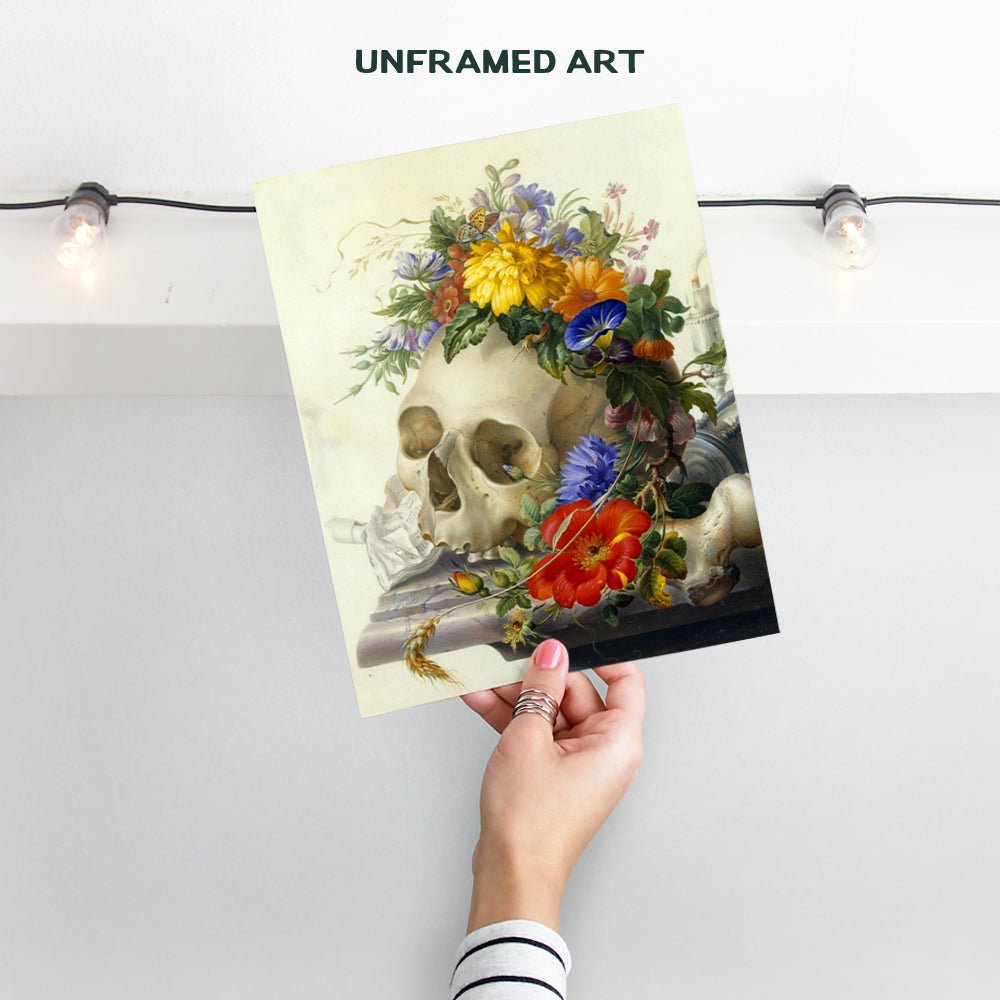 Vanitas Still Life - Skull Wall Decor - Skull Wall Art - Goth Wall Art - Gothic Decor - Gothic Living Room Decor - Floral Skull - Skull Flowers - 8x10 Poster Print Picture