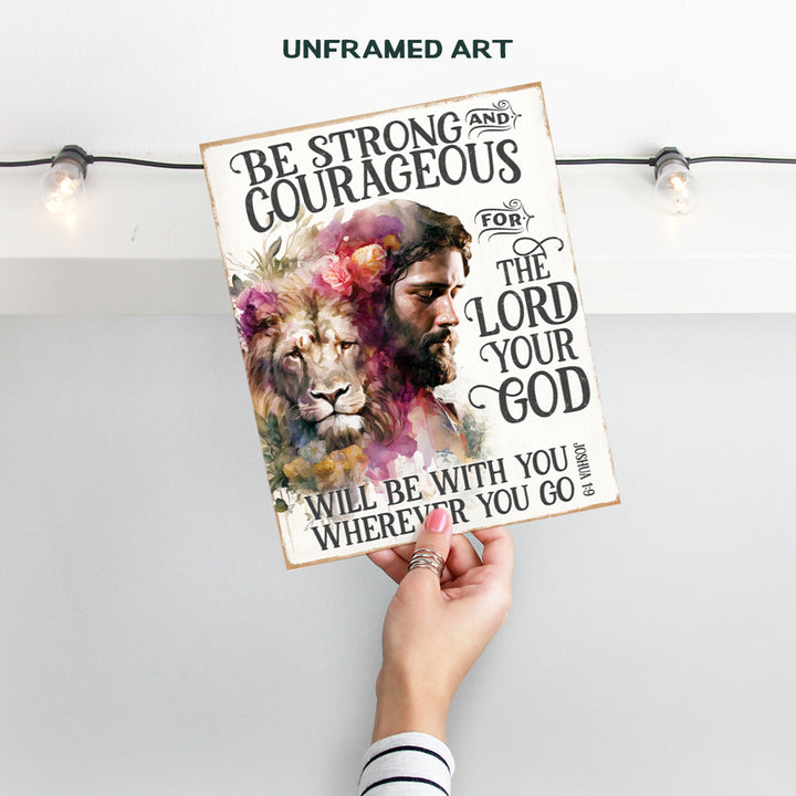 Christian Art Wall Decor for Men - Bible Scripture Gifts for Women, Man cave, Dining, Living Room, Kitchen - Be Strong and Courageous Wall Art - Lion Jesus Poster - Prayer, Psalm, Verse - Rustic Decor