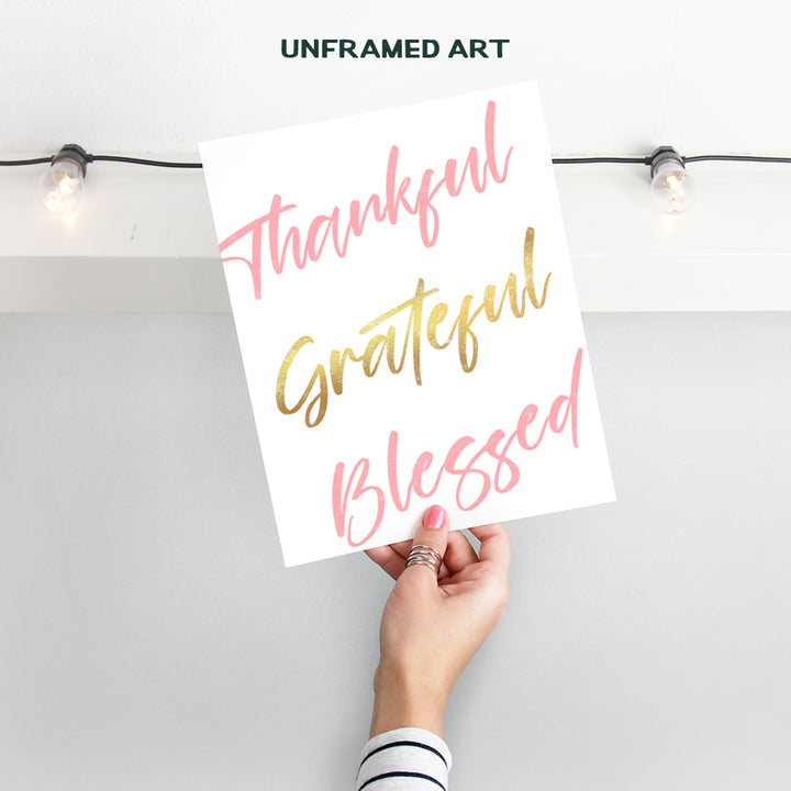 Thankful Grateful Blessed Wall Decor - Girls Room Decor - Christian Gifts - Baby Nursery Wall Art - Motivational Quotes Wall Decor for Women- Family Room Decor - Blessed Sign Inspirational Wall Decor