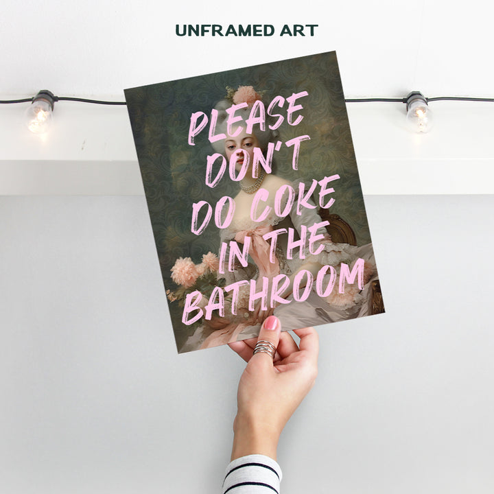 funny Bathroom Wall Decor for Women - Bath Accessories - Cute Small Bathroom Pictures - Please Don't Do Coke In The Bathroom Sign - Restroom Wall Art - Pink Bathroom Poster - College Dorm Wall Decor