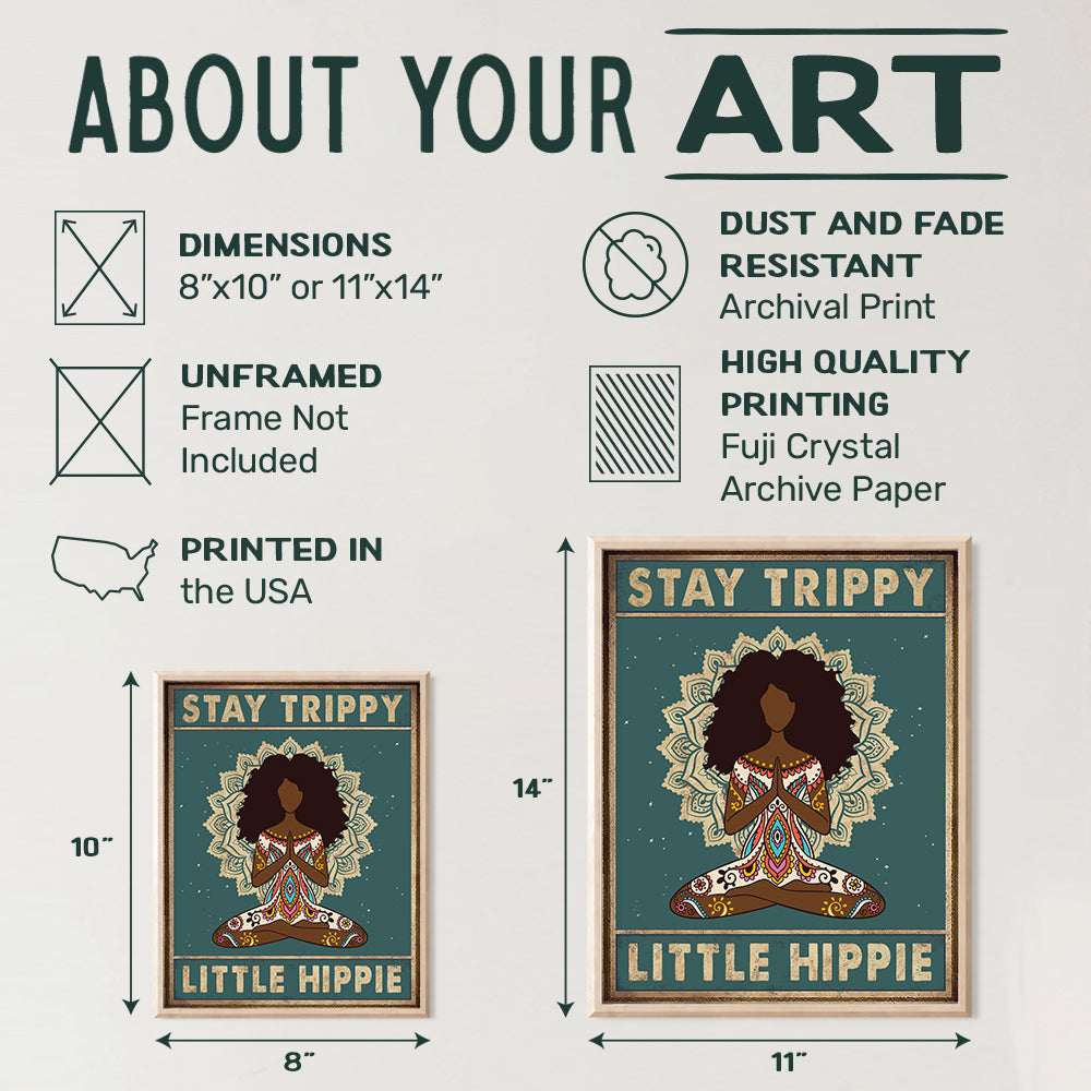 Stay Trippy Little Hippie Wall Art - Boho Bohemian Hippy Room Decor - African American Women, Girls Yoga Gifts- Black Art - Zen Meditation Mandala Positive Quotes Wall Decor Poster - Afro-American