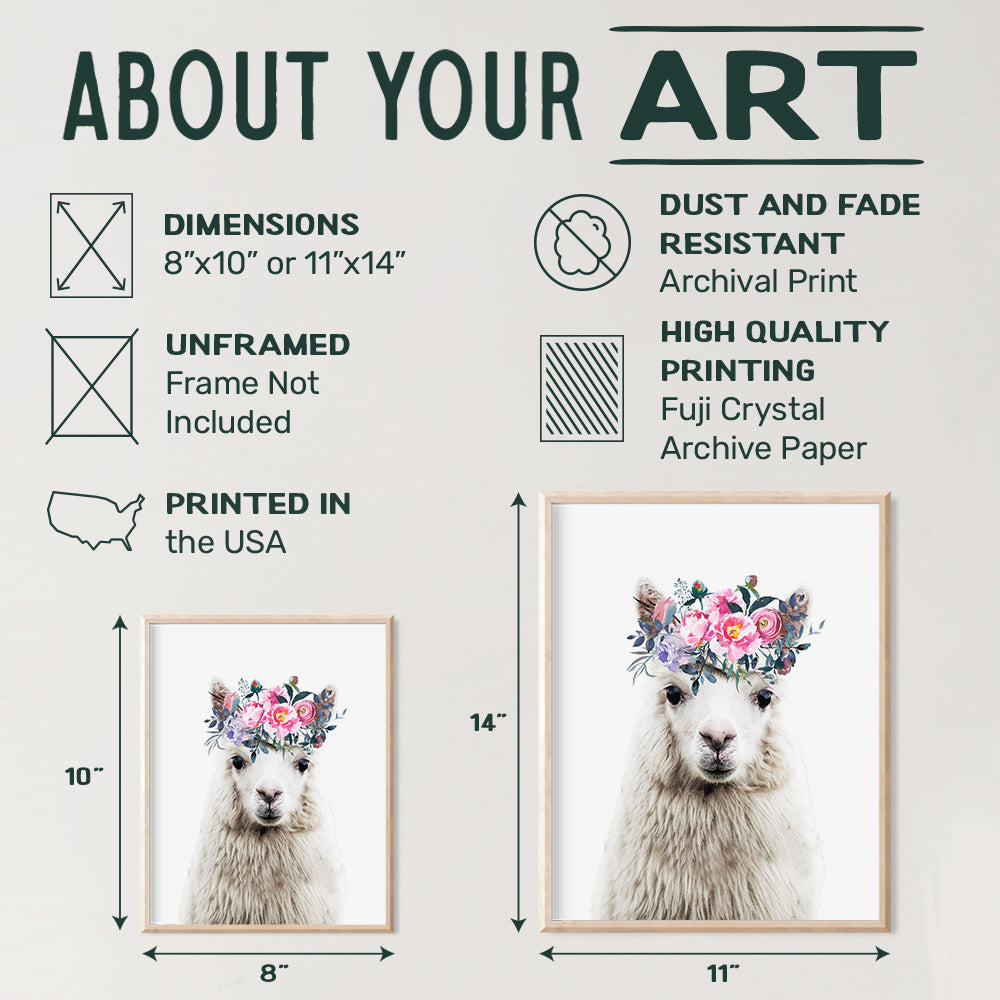 Baby Llama Wall Decor - Flower Crown Alpaca Wall Art Decoration for Girls Bedroom, Kids Room, Nursery - Cute Gift - Boho Shabby Chic Picture - 8x10 UNFRAMED Photo Poster