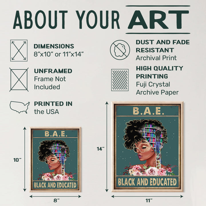 Black and Educated - African American Wall Art - Black Woman Poster - African American Girl, Black African American Women - Inspirational Motivational Wall Decor - Positive Quotes - Black Wall Art