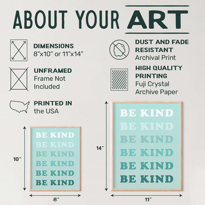 Be Kind Sign Wall Art & Decor - Yellowbird Art & Design Kindness Poster - Teal Preppy Classroom Family Wall Art - Contemporary art Aesthetic Indie Inspiration Home Decor - Living room Bedroom Decor