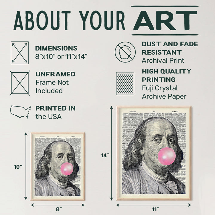 Ben Franklin - Benjamin Franklin - Funny Wall Decor for Living Room, Bedroom, Dorm - Unique Original Bubble Gum Wall Art - Hundred Dollar Bill Room Decor - Dictionary Art - Gag Gift