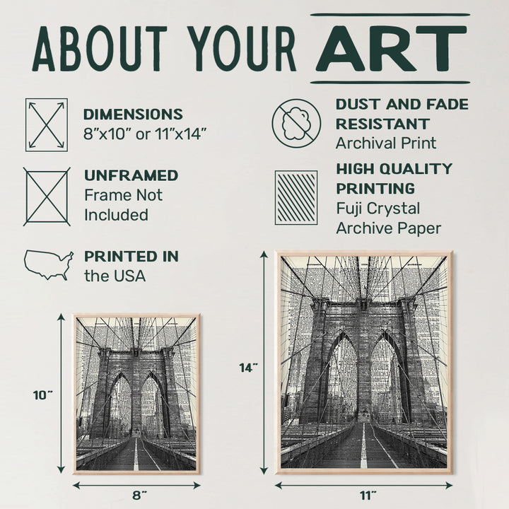 Brooklyn Bridge Poster, Dictionary Wall Art - Upcycled 8x10 Vintage Retro New York City Home Decoration - Chic Office or Apartment Decor - Unique Gift for New Yorkers, NYC, NY, Manhattan Fans