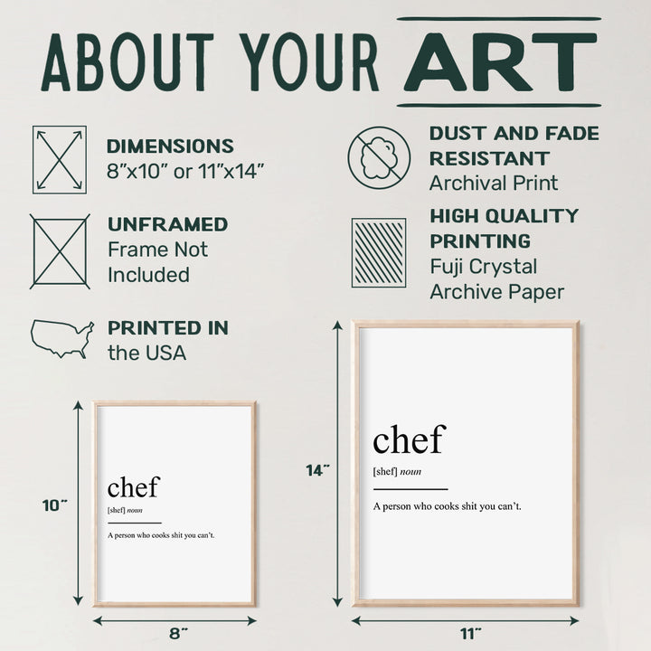 Chef Definition Typography Wall Art Print - Funny Home Decor for Kitchens - A Perfect Gift for Mothers Day, Moms, Cooks and Chefs - 8x10 Photo - Unframed