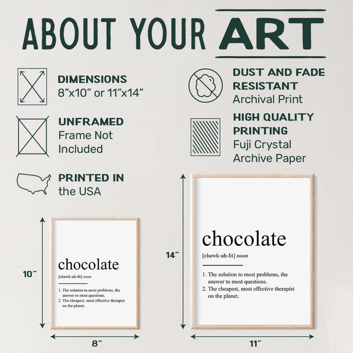 Chocolate Definition - Unframed Wall Art Print Typography - Makes a Great Gift for Kitchens, Dining Room - Funny, Humorous Home Decor - Ready to Frame (8x10) Photo