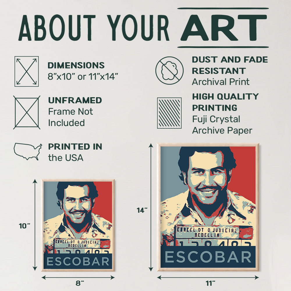 Pablo Escobar Mugshot Wall Art Poster - Mexican Cartel Home Decor, Room Decoration for Bedroom, Living Room, Dorm, Bar, Man Cave - Shepard Fairey Style - Unique Gift for Men, Teens - 8x10 UNFRAMED