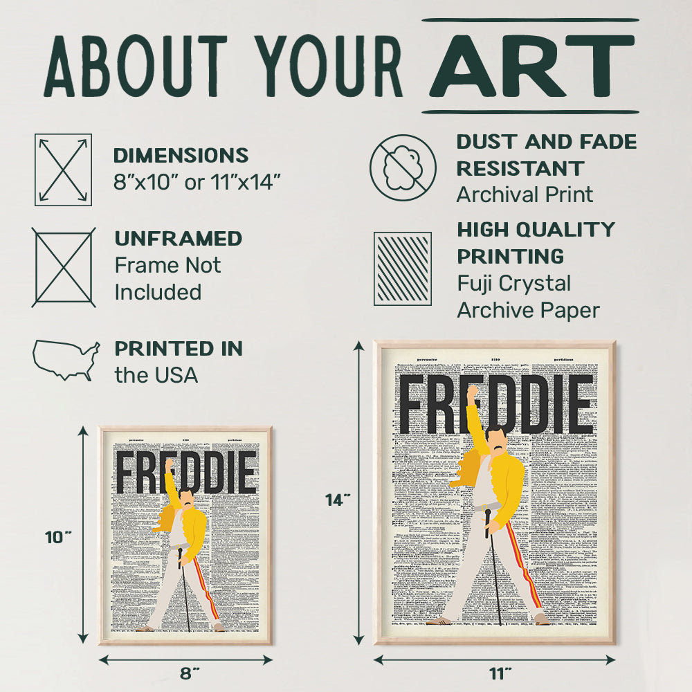 Freddie Mercury Dictionary Art Print - 8x10 Upcycled Page Photo Poster - Home Decor, Room or Dorm Decoration - Cool Unique Gift for Punk Rock, 80s Music, Queen Fan - Unframed Picture