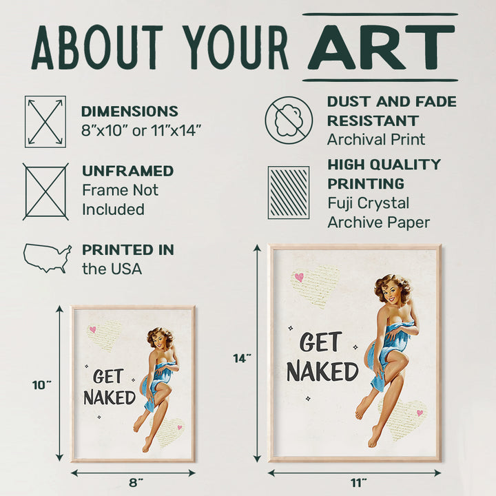 Vintage Get Naked Sign, 1950s Retro Pinup Girl Bathroom Wall Art Decor - Funny 8x10 Poster Print Gift for Powder Room, Guest Bath, Cute Bathroom Decoration for Women - Blue