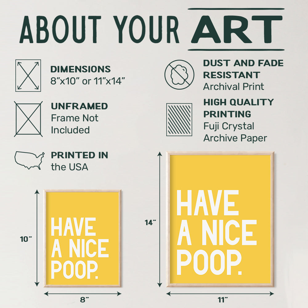 Funny Bath Wall Art Home Decor and Room Decorations - Modern Contemporary Bathroom Art Print, Poster - Great Housewarming Gift - 8x10 Unframed Photo - Yellow Have a Nice Poop