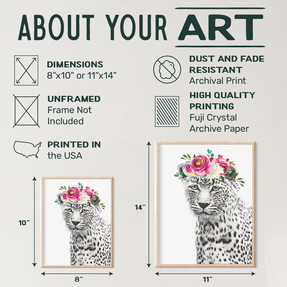 Leopard Print - Cheetah w/Flowers - Jungle Animal Floral Watercolor Wall Art Poster - Home Decor for Women, Girls, Teens or Kids, Room, Bedroom, Nursery - Cute Unique Baby Shower Gift - 8x10