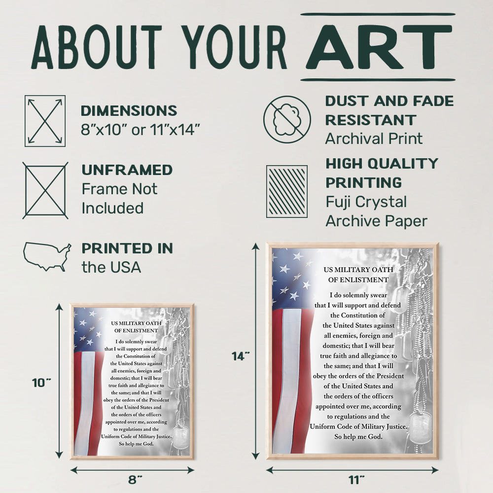 LARGE 11X14 - Oath of Enlistment Military Decor - American Flag Wall Art - Patriotic Room Decor - Veteran Wall Decor - Gift for Soldiers, Vets, Army, Navy, Air Force, Marine Corps, Men, Women - USA