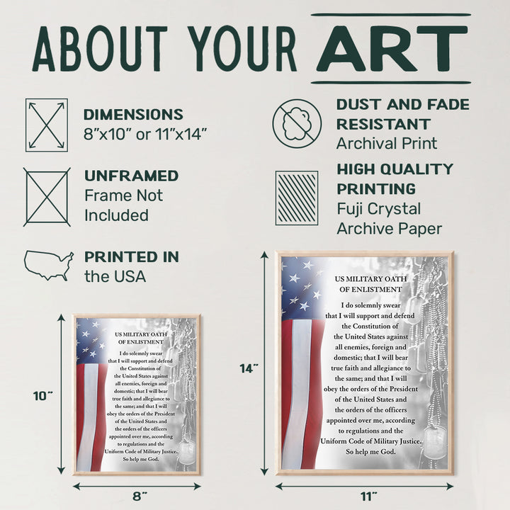 LARGE 11X14 - Oath of Enlistment Military Decor - American Flag Wall Art - Patriotic Room Decor - Veteran Wall Decor - Gift for Soldiers, Vets, Army, Navy, Air Force, Marine Corps, Men, Women - USA