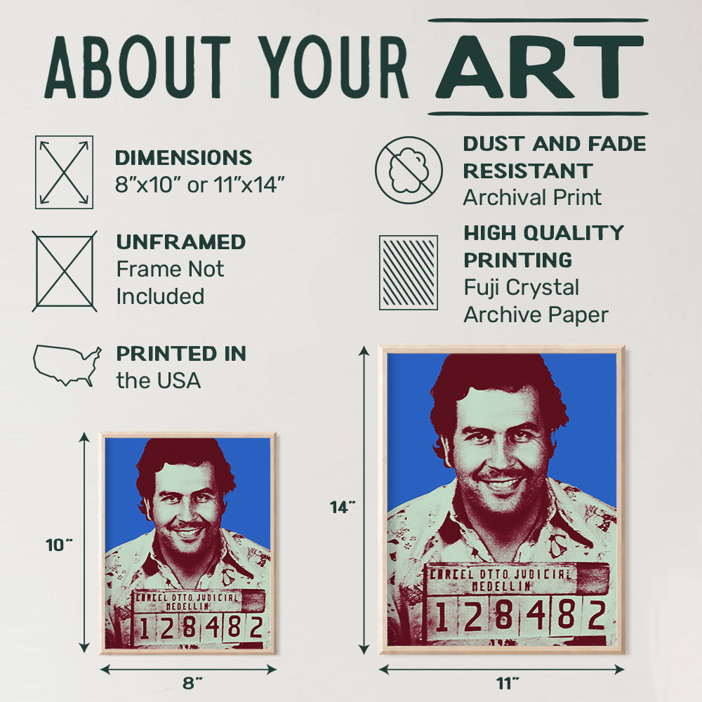 Pablo Escobar Mugshot Wall Art, Contemporary Home Decor - Andy Warhol Style Poster Print - Unique Room Decorations for Dorm Room, Apartment, Teens Room, Man Cave - A Great Gift - 8x10 Photo Unframed