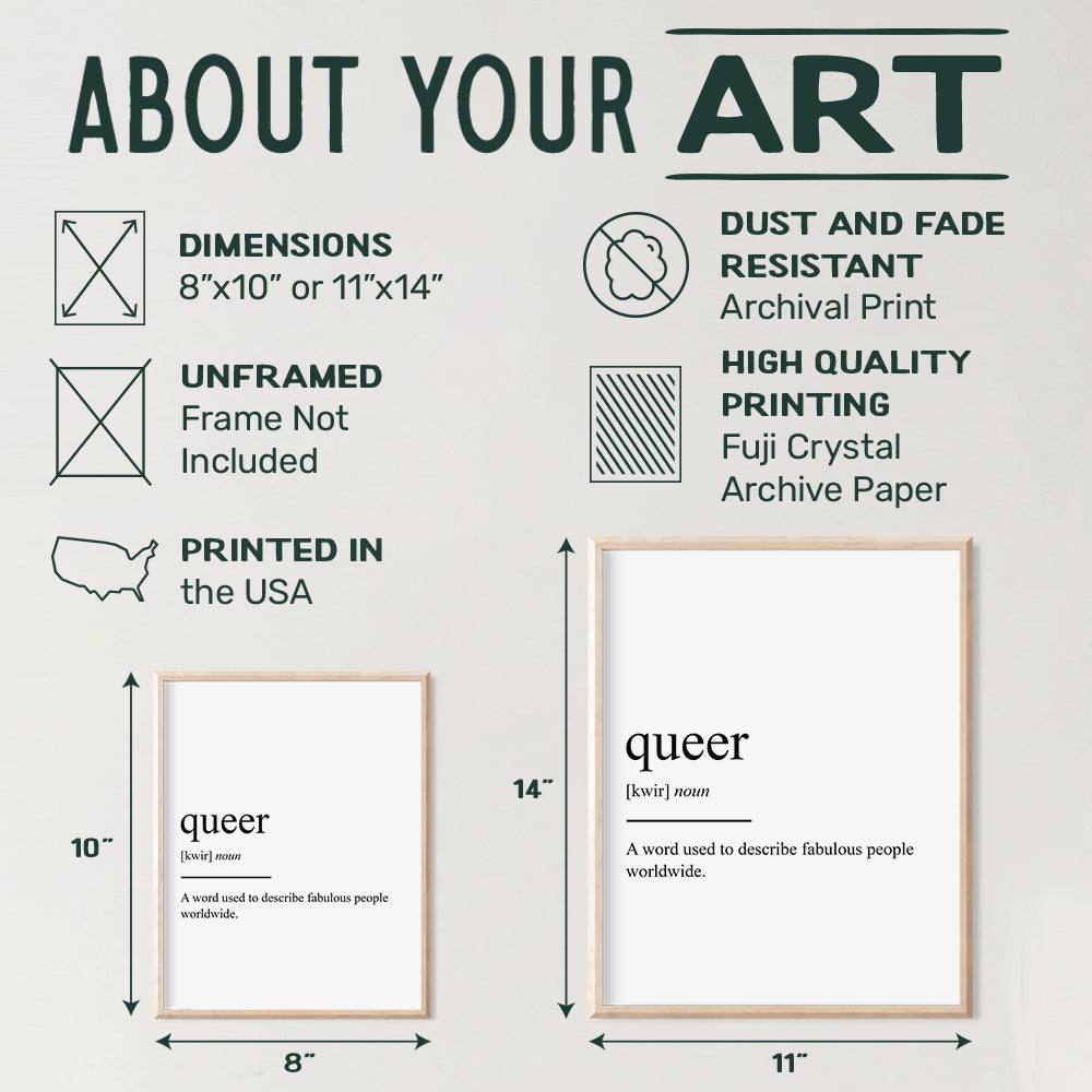 Queer Definition Wall Art, Home Decor - Poster, Print - Unique Room Decorations and Great Gift for LGBTQ, Gay, Lesbian, Trans, Bi Fans - 8x10 Photo Unframed