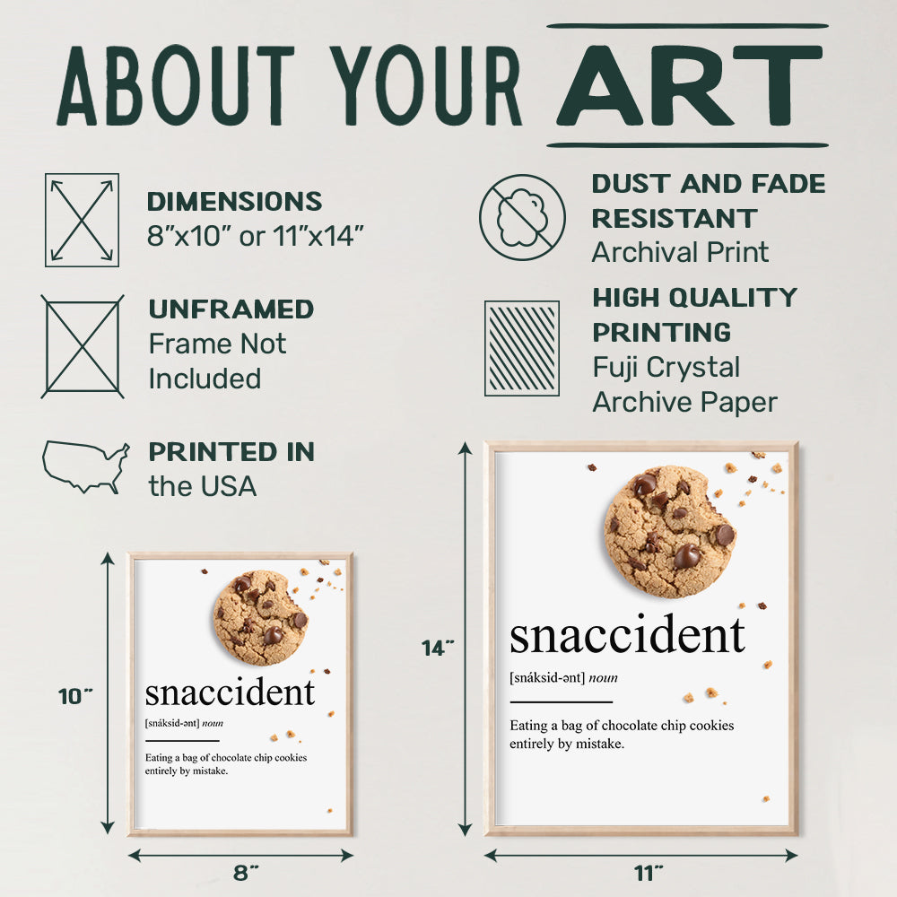 Chocolate Chip Cookie Snaccident Definition Wall Art Decor for Home, Apartment or Coffee Shop - Funny Kitchen or Cafe Decoration Poster - Makes a Great Gag or Housewarming Gift - 8x10 Picture Print