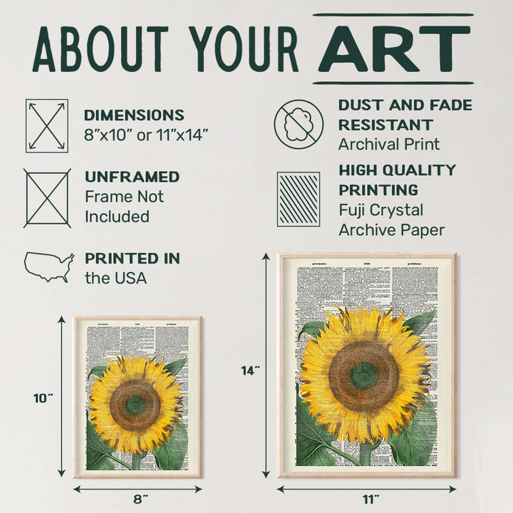 Sunflower On Photo of Dictionary Page - Unframed Wall Art Print - Great For Home Decor - Affordable and Easy Gift Giving - Ready to Frame (8x10) Photo