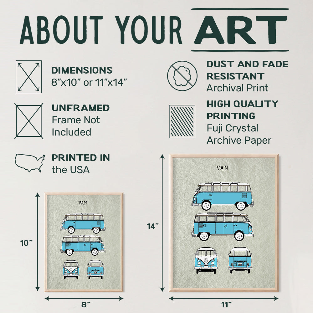 Volkswagen Camper Van Patent Art Prints - Vintage Wall Art Poster Set - Chic Rustic Home Decor for Bedroom, Kitchen, Beach or Lake House, Office - Gift for Hippies, Surfers, 8x10 Photo Unframed