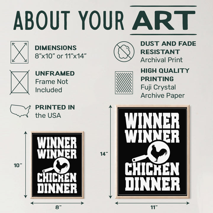 Dinner Wall Art Print - Unframed Funny Typography - Makes a Great Gift for Bars, Kitchens, and Home Decor - Ready to Frame (8x10) Photo - Winner Winner Chicken Dinner