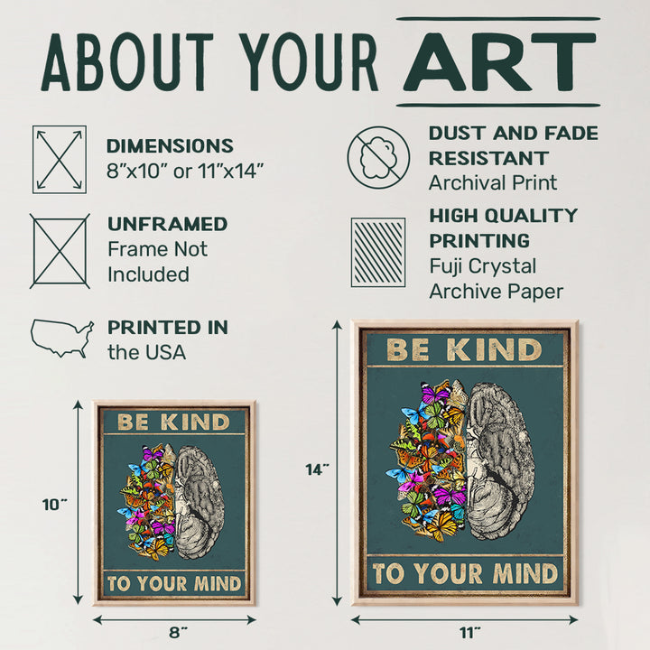 Yellowbird Art & Design Wall Art & Decor - Be Kind to Your Mind Mental health Wall Art- Vintage Butterflies Brain Wall Art Poster - Zen Meditation Wall Art - Office Family Living room Bedroom Wall Art