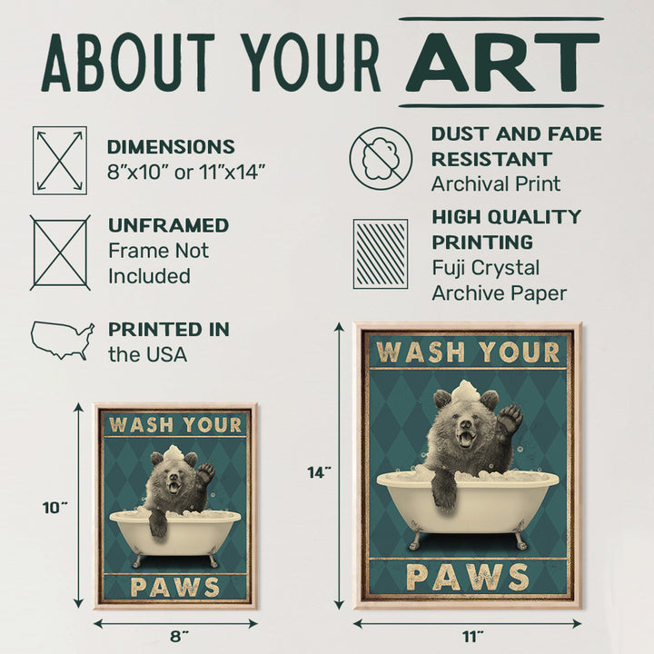 Wash Your Paws - Bear Wall Art - Funny Bathroom Decor for Women, Kids - Bathroom Pictures - Bath Wall Decor - Cute Bathroom Accessories - Powder Room - Wash Your Hands Restroom Sign - Butt Napkins