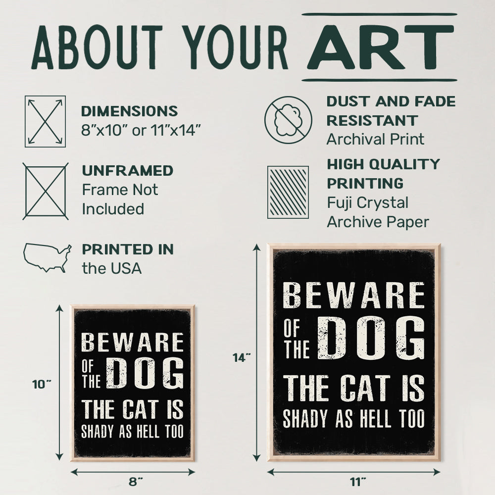 Beware of Dog Sign Funny Poster - 8x10 Cat Wall Art & Decor - Dog Quotes Wall Decor - Cute Cat Wall Decor - Dog Wall Decor Picture Print - Cat Gifts for Women Men - Cool Unique Dog Lover Gifts