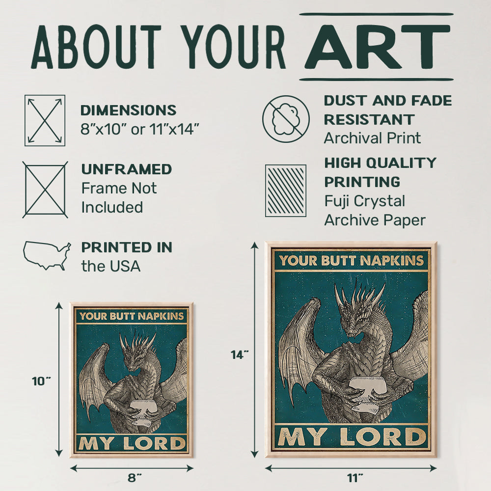 Your Butt Napkins My Lord - Dragon Wall Art Decorations - Gothic Bathroom Decor - Funny Bathroom Wall Art - Toilet Paper Wall Art - Restroom Sign - Bath Wall Decor - Powder Room Decor