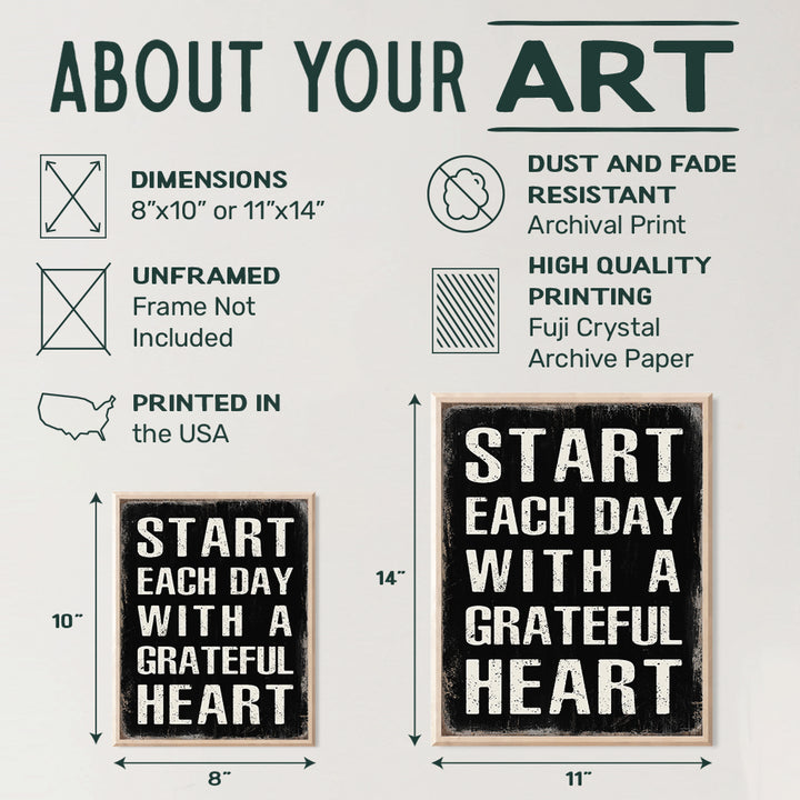 Inspirational Wall Art & Decor - Start Each Day With A Grateful Heart Poster - Gratitude Grateful Room Decor for Men, Women, Home Office - Uplifting Spiritual Wall Art - Positive Quotes Sayings Sign