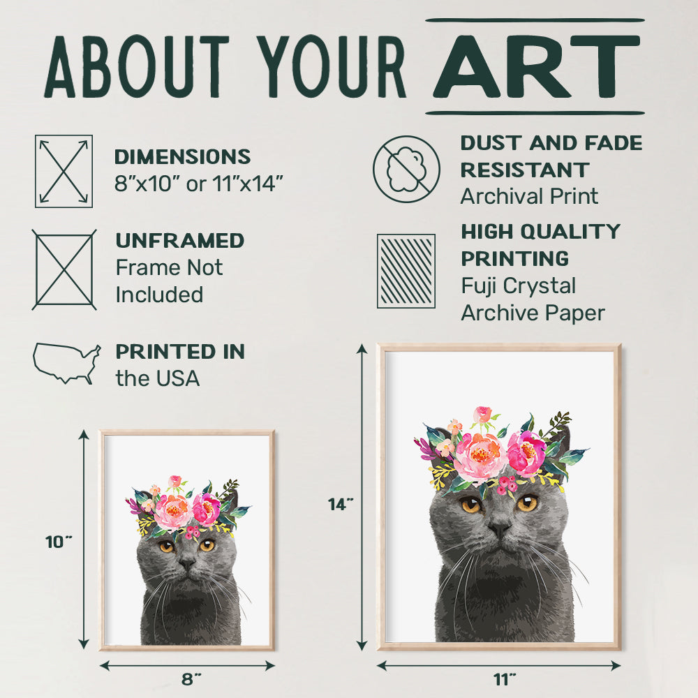 Gray Cat Wall Decor - Cat Lover Gifts for Women - Adorable Floral Kitten, Kitty Wall Art Poster - Cute Girly Room Decoration for Girls Bedroom, Kids Room, Living Room, Baby Nursery - Grey Cat