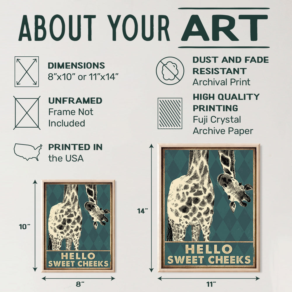 Giraffe Decor - Bathroom Wall Art Decorations - Hello Sweet Cheeks Bathroom Sign - Funny Bathroom Decor Poster - Bathroom Pictures - Cute Bathroom Accessories - Bath Wall Decor - Guest Bathroom