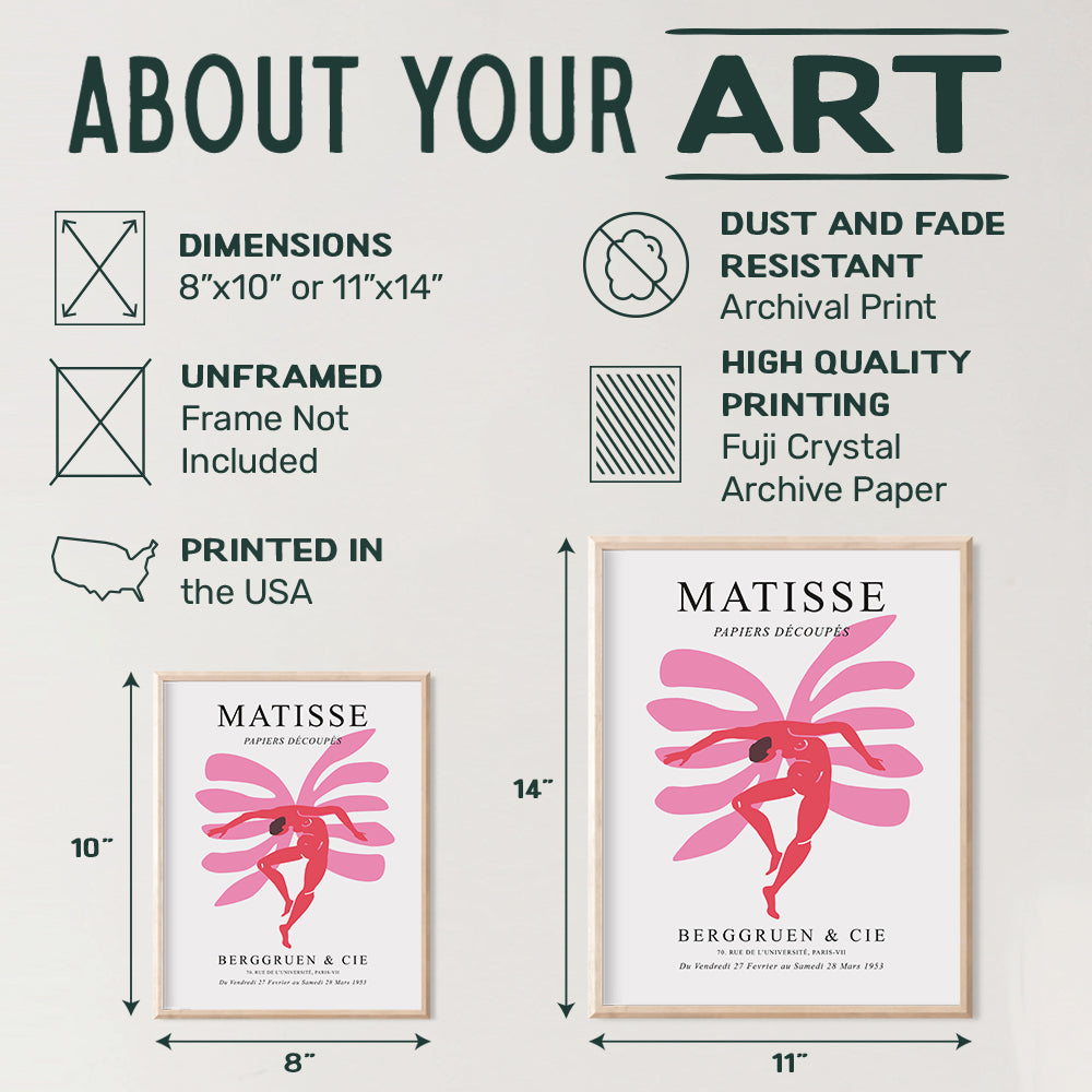 Matisse Poster Decor - 8x10 Abstract Mid Century Modern Wall Art - Gallery Wall Art - Minimalist Gifts for Women - Aesthetic Pictures - Contemporary Art - Museum Poster - Henri Matisse Prints - Pink