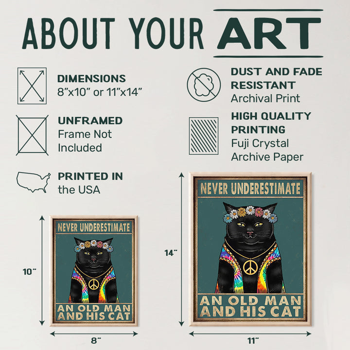 Never Underestimate An Old Man And His Cat - Cat Lover Gifts for Men - Cat Wall Decor - Cat Home Decor - Cat Wall Art - Cute Black Cat Poster - Boho Wall Decor - Hippie Room Decor - Boho Wall Art