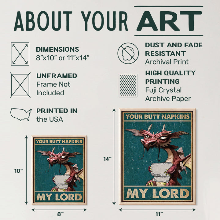 Your Butt Napkins My Lord - LARGE 11x14 - Dragon Decorations - Funny Bathroom Wall Art - Goth Gothic Bathroom Decor - Guest Bathroom - Toilet Paper Wall Art - Restroom Sign - Powder Room Decor - Bath