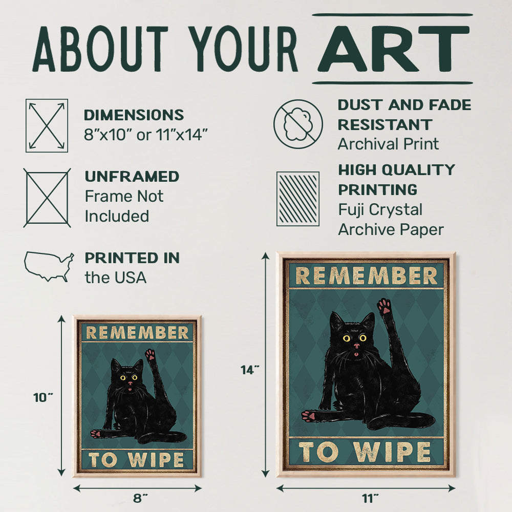 Cute Cat Bathroom Decor - Remember to Wipe Cat Poster - Funny Bathroom Accessories - Cute Bathroom Pictures - Bath Wall Decor - Guest Bathroom - Powder Room - Restroom Decorations - Cat Wall Art