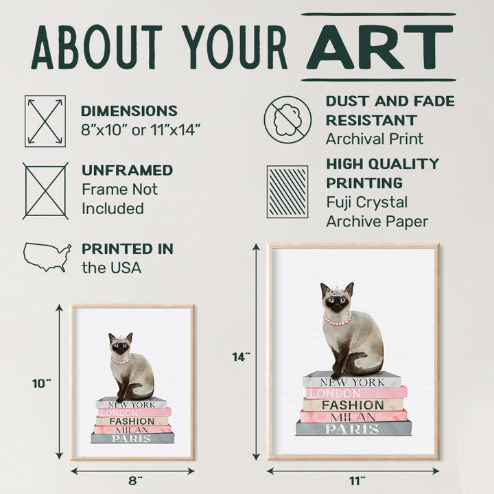 Fashion Design Cat Wall Decor - Poster of Book - Glam Siamese cat Wall Decor for Living room, Bedroom - Glamour Couture Cute Cat Gift for Woman, Girl - Designer Wall decoration