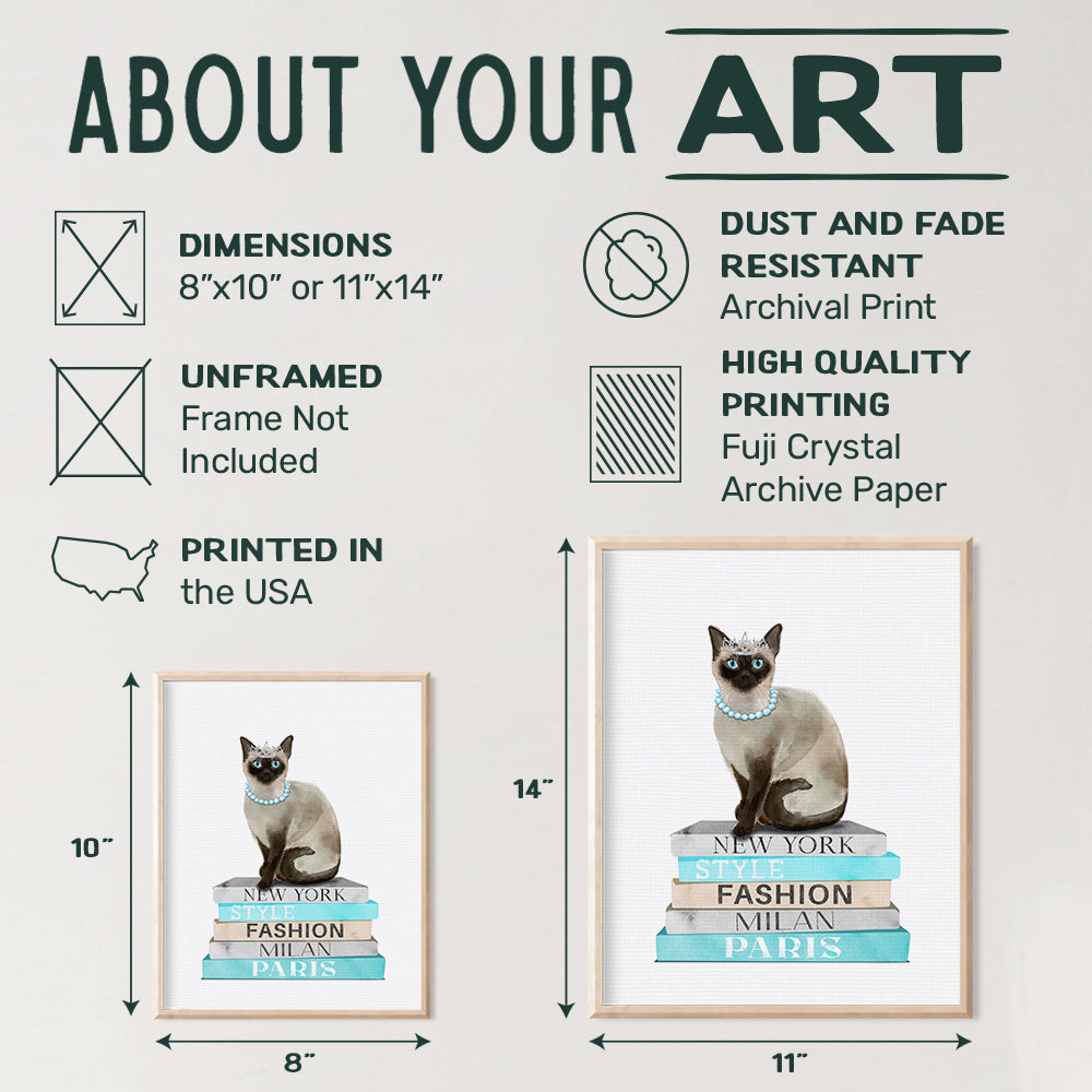 Blue Cat Wall Art & Decor - Poster of Glamour Haute couture Books - Glam Siamese cat Wall Decor for Living room, Bedroom - Cute Fashion Design Cat Gifts for Women, Girls - Designer Wall decoration